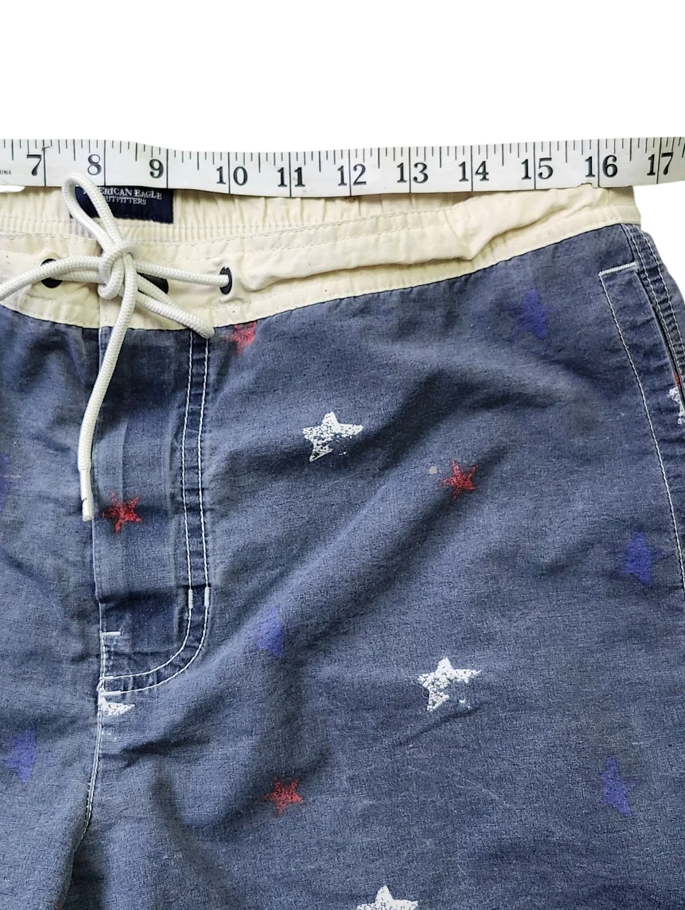 American Eagle Blue with Red and White All Over Star Print Swim Shorts. Sz. M